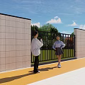 Landscape Wall With Black Fence Green Trees Grass And Pedestrians Under Blue Sky