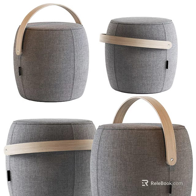 Gray Fabric Round Sofa Stools With Wooden Handles And Modern Design 3d model 