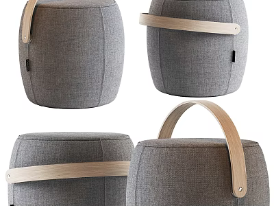 Gray Fabric Round Sofa Stools With Wooden Handles And Modern Design 3d model