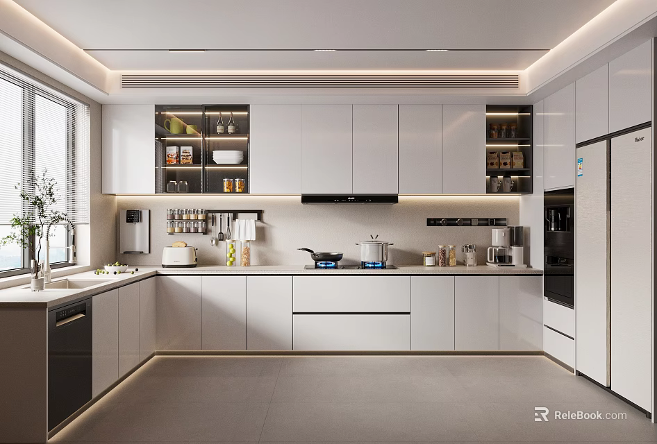 Modern Open Kitchen Interior Design With White Cabinets Island Counter And Appliances 3d model 