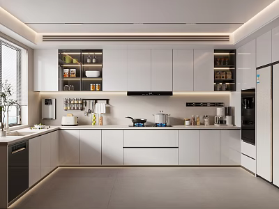 Modern Open Kitchen Interior Design With White Cabinets Island Counter And Appliances 3d model