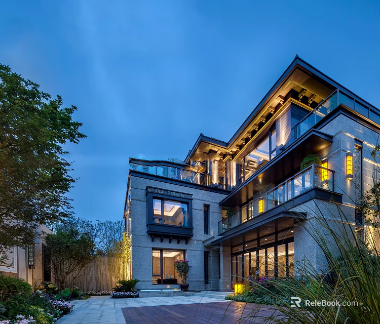 Modern Detached Villa Exterior Design With Large Windows Glass Balcony Evening Lighting And Greenery 3d model 