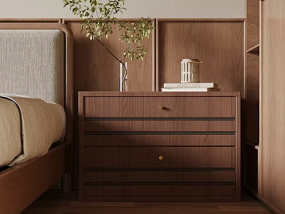 Natural Wooden Bedside Table With Drawers Green Plant Books And Decorative Box In Bedroom 3d model