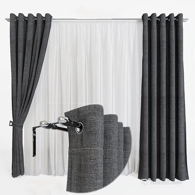 Gray Fabric Curtains With White Sheer Layer For Modern Home Decor 3d model 