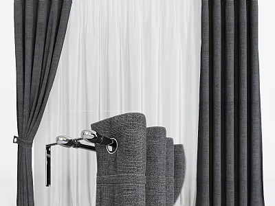 Gray Fabric Curtains With White Sheer Layer For Modern Home Decor 3d model