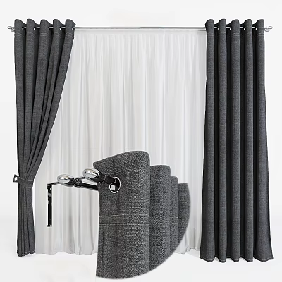 Gray Fabric Curtains With White Sheer Layer For Modern Home Decor 3d model