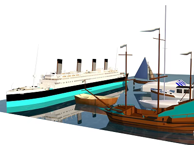 Large Ocean Liner With Sailing Ships And Boats On Water 3d model