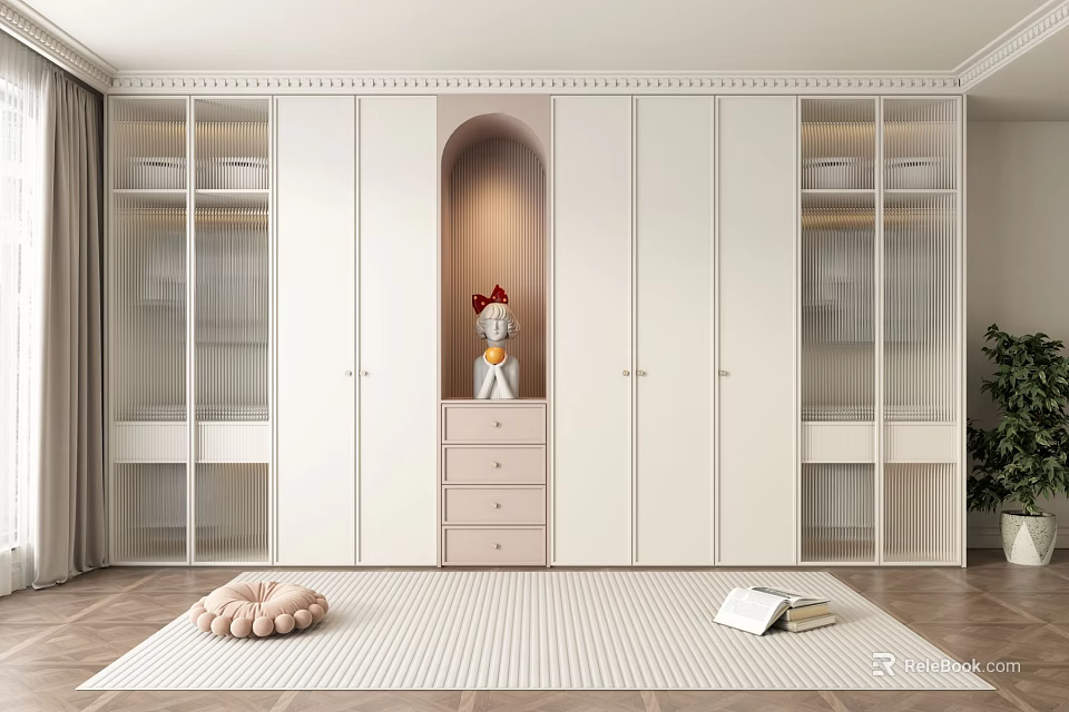 White Modern Wardrobe With Glass Doors Chest Of Drawers Small Statue And Soft Rug 3d model 