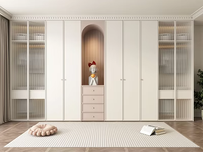 White Modern Wardrobe With Glass Doors Chest Of Drawers Small Statue And Soft Rug 3d model