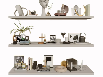 Stylish Decorative Ornament Combination On Tiered Shelves Featuring Sculptures Vases Plants Books And Photo Frames 3d model