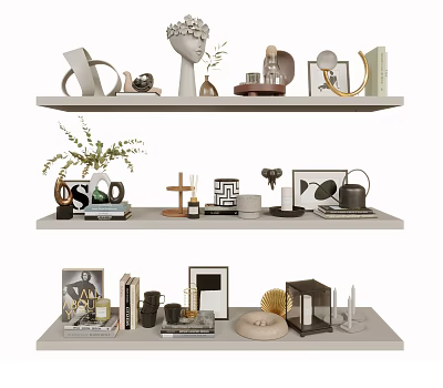Stylish Decorative Ornament Combination On Tiered Shelves Featuring Sculptures Vases Plants Books And Photo Frames 3d model
