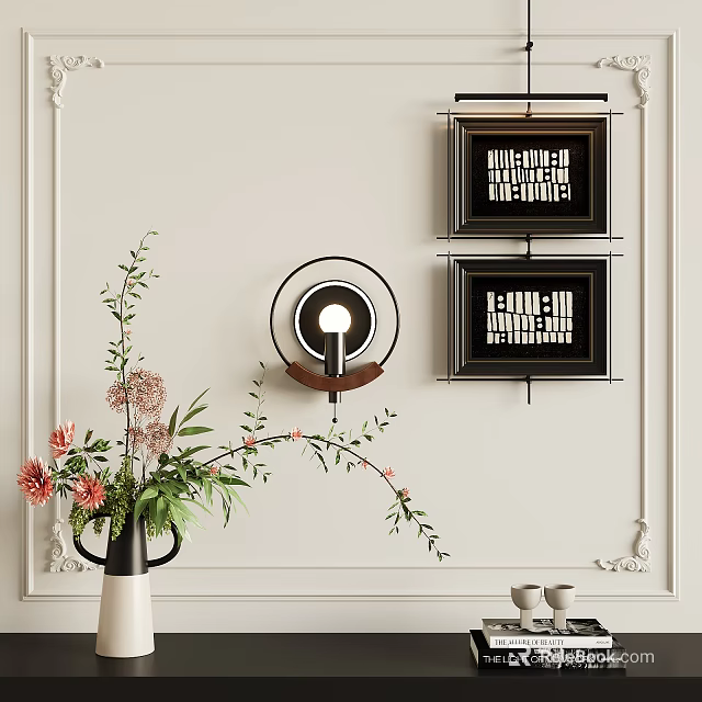 Elegant Wall Decor With Circular Lamp Framed Panels And Flower Vase 3d model