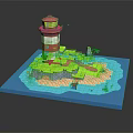 Red And White Striped Lighthouse Model On Island With Green Area Small Bridge And Water