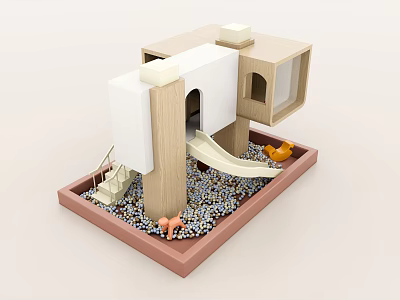 Wooden Playground Equipment With Slide Stairs Animal Toys On Pebble Ground 3d model