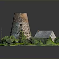 Ancient Stone Tower And Rustic Small House In Lush Green Grass Model Scene