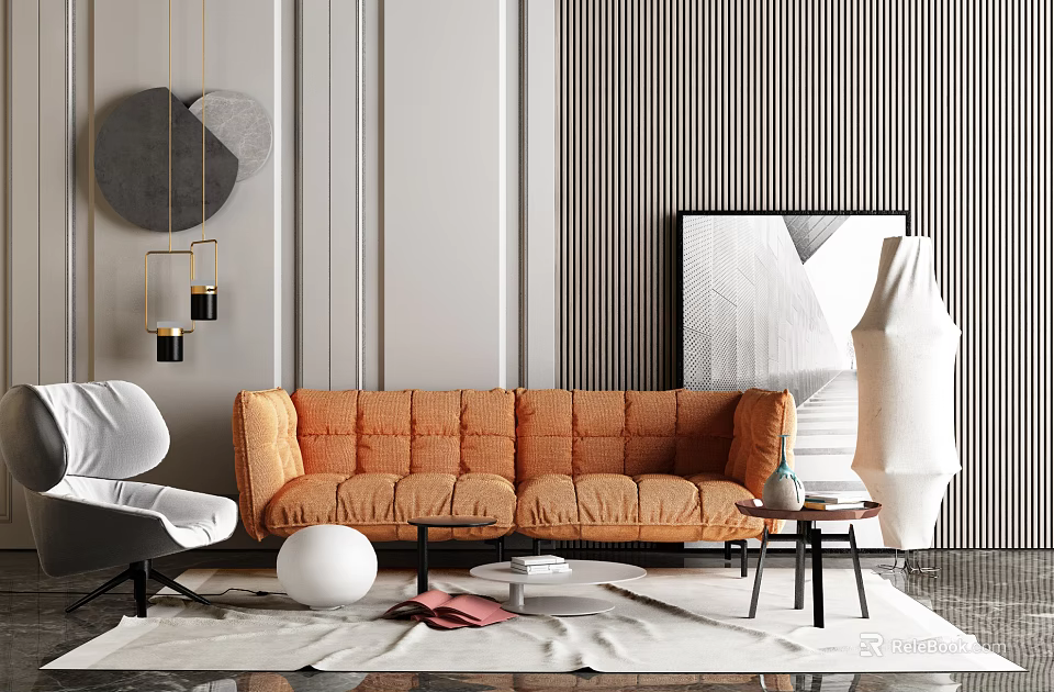 Orange Sofa And Coffee Table Set With Modern Living Room Decor 3d model