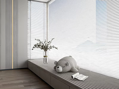 Window Blinds In Modern Cozy Corner With Bench Stuffed Bear Open Book And Vase Plant 3d model