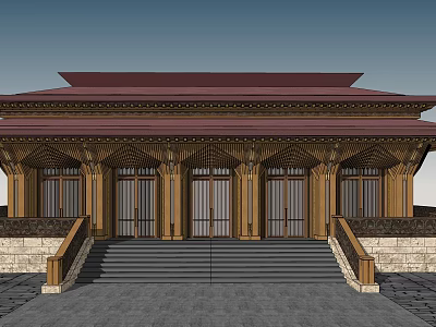 Ancient Architecture With Traditional Red Roof Wooden Structure Carved Doors And Stone Steps 3d model