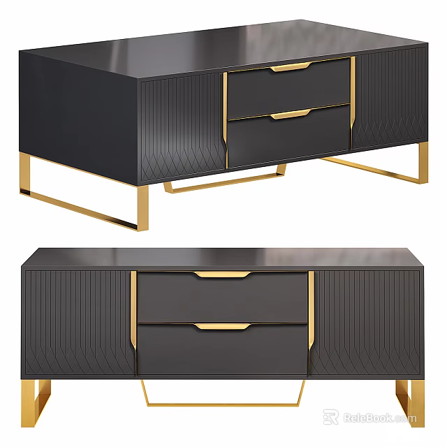 Modern Black TV Stand With Gold Accents Drawers And Metal Legs Design 3d model 