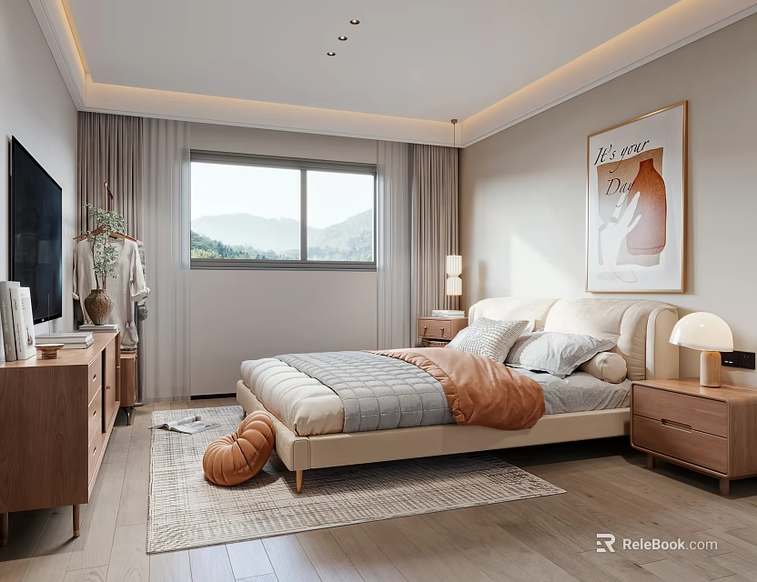 Cozy Modern Bedroom Interior With Bedside Lamps Wooden Nightstands Window Artwork And Soft Rug 3d model 