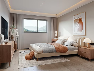 Cozy Modern Bedroom Interior With Bedside Lamps Wooden Nightstands Window Artwork And Soft Rug 3d model