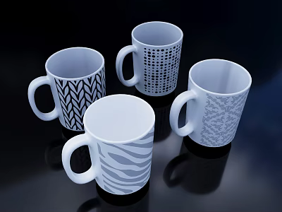 Modern White Ceramic Mugs With Wavy Dotted And Geometric Patterns On Dark Background 3d model