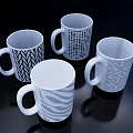 Modern White Ceramic Mugs With Wavy Dotted And Geometric Patterns On Dark Background