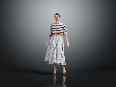 Stylish Woman In Striped Top And Patterned Skirt With Belt Standing Against Grey Background 3d model