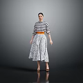 Stylish Woman In Striped Top And Patterned Skirt With Belt Standing Against Grey Background