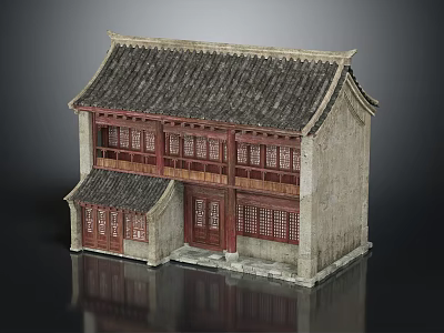 Traditional Chinese Architecture Two Story Structure With Tile Roof And Wooden Windows 3d model