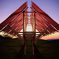 Unique Wooden Observation Deck With Red Canopy In Forest Grass Hill Surroundings