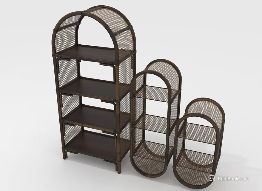 Three Piece Rattan Design Storage Shelving Units With Wooden Shelves And Different Sizes 3d model 