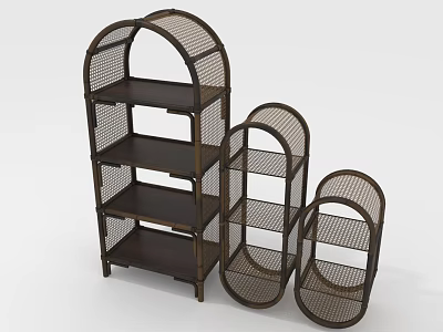 Three Piece Rattan Design Storage Shelving Units With Wooden Shelves And Different Sizes 3d model