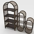 Three Piece Rattan Design Storage Shelving Units With Wooden Shelves And Different Sizes