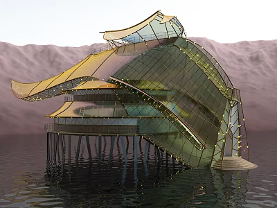 Future Architecture Over Water With Glass Metal Structure Curved Golden Roof And Stilts 3d model