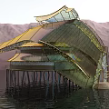 Future Architecture Over Water With Glass Metal Structure Curved Golden Roof And Stilts