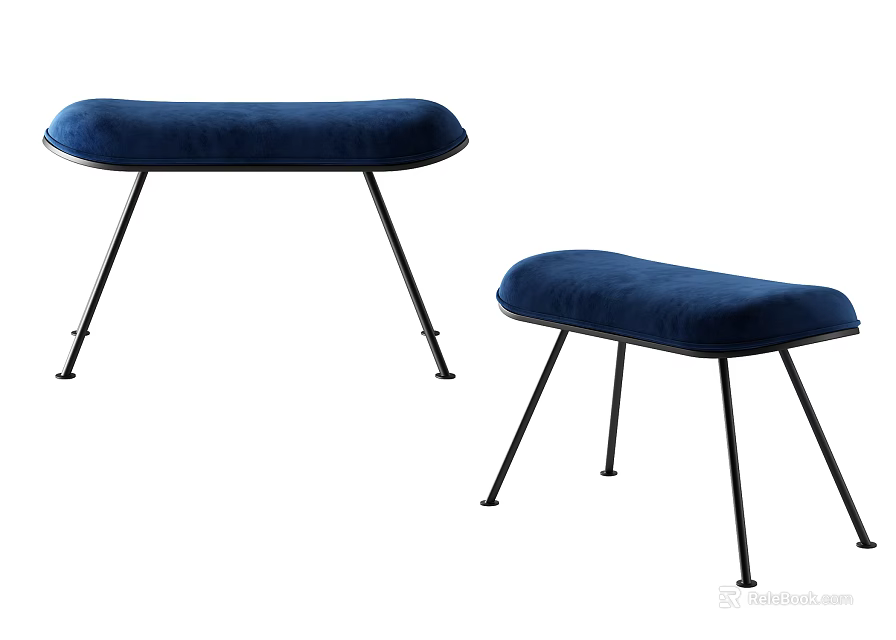 Modern Blue Sofa Stools With Velvet Upholstery And Black Metal Legs 3d model 