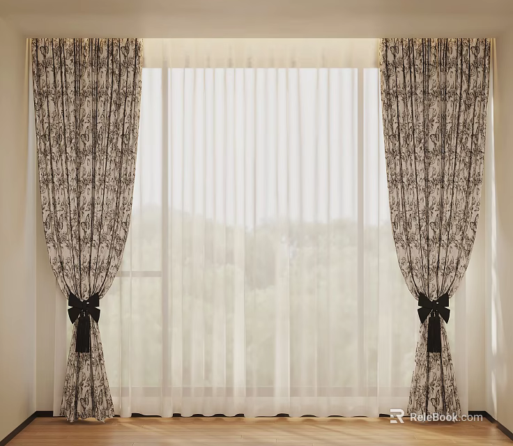 Layered Patterned Curtains With Sheer Panels Black Bow Ties And Scenic Window View 3d model 
