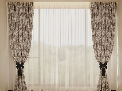 Layered Patterned Curtains With Sheer Panels Black Bow Ties And Scenic Window View 3d model
