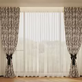 Layered Patterned Curtains With Sheer Panels Black Bow Ties And Scenic Window View