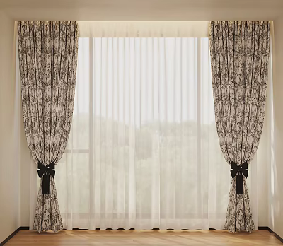 Layered Patterned Curtains With Sheer Panels Black Bow Ties And Scenic Window View 3d model