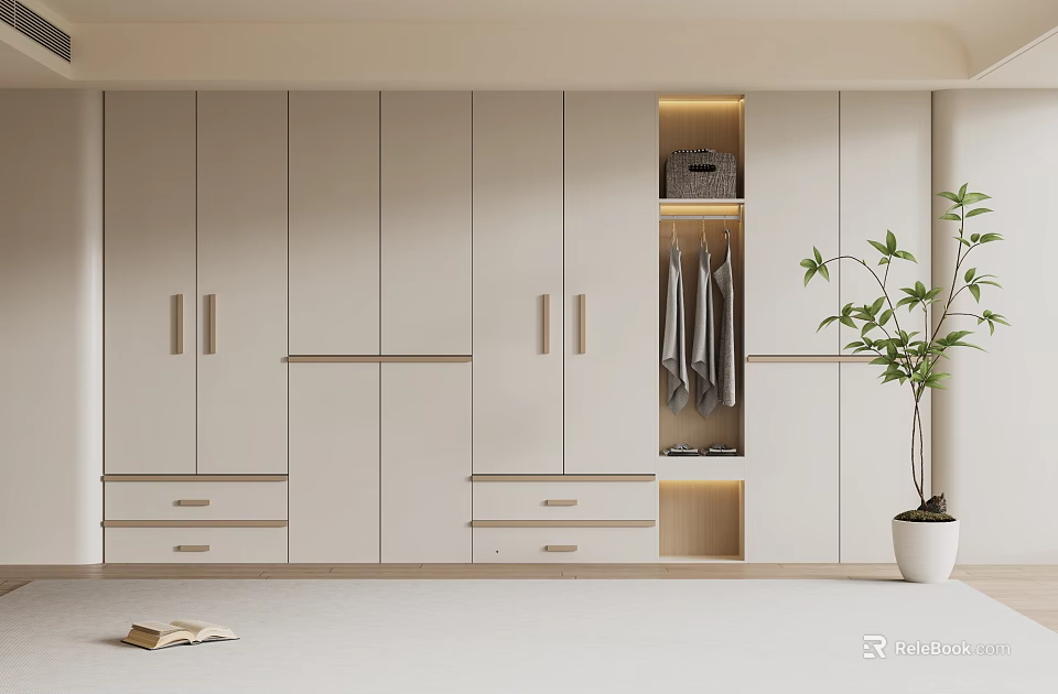 Modern White Wardrobe With Cabinet Doors Drawers Open Compartment Hanging Clothes And Green Plant 3d model 