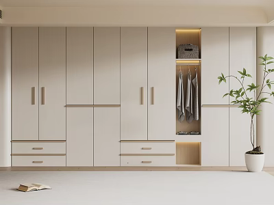 Modern White Wardrobe With Cabinet Doors Drawers Open Compartment Hanging Clothes And Green Plant 3d model