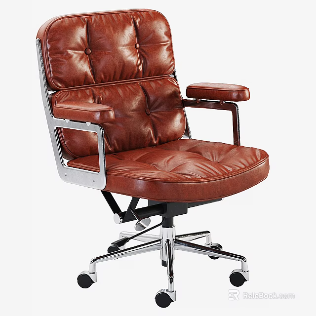 Modern Brown Leather Office Chair With Tufted Design Metal Armrests And Swivel Wheels 3d model 