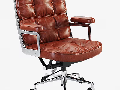Modern Brown Leather Office Chair With Tufted Design Metal Armrests And Swivel Wheels 3d model