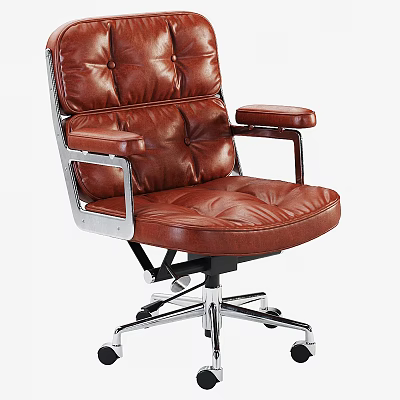 Modern Brown Leather Office Chair With Tufted Design Metal Armrests And Swivel Wheels 3d model