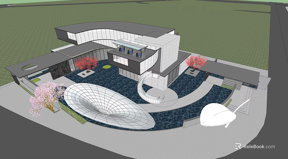 Modern Sales Office Building With Open Courtyard Glass Curtain Walls Circular Design And Cherry Trees 3d model 