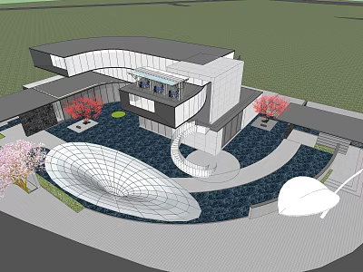 Modern Sales Office Building With Open Courtyard Glass Curtain Walls Circular Design And Cherry Trees 3d model