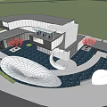 Modern Sales Office Building With Open Courtyard Glass Curtain Walls Circular Design And Cherry Trees