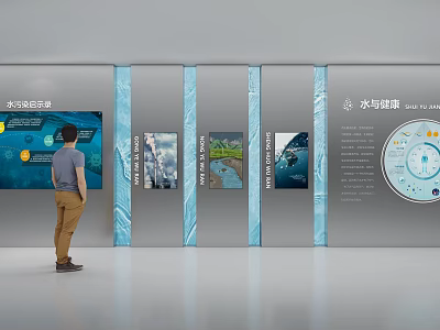 Exhibition Hall Culture Wall Featuring Water And Health Information With Charts And 3d model
